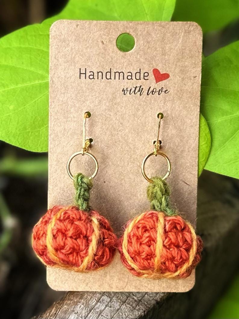 Handmade Crochet Pumpkin Earrings, Fall Dangle Earrings, Autumn Gift, Mini 3D Crocheted Pumpkin Earrings, Micro Halloween Amigurumi